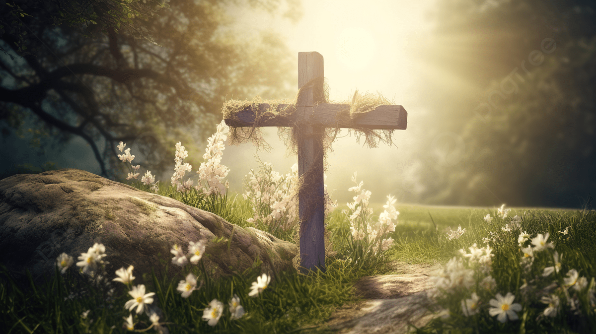 A wooden cross with moss and twine stands among white wildflowers and rocks in a sunlit forest clearing.