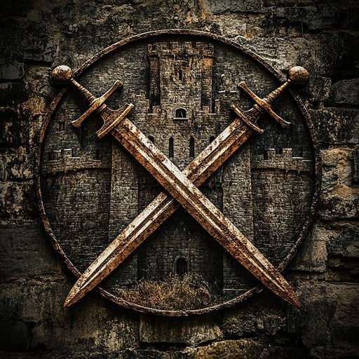 Rusty medieval swords crossing inside a circular frame, mounted on a stone wall.