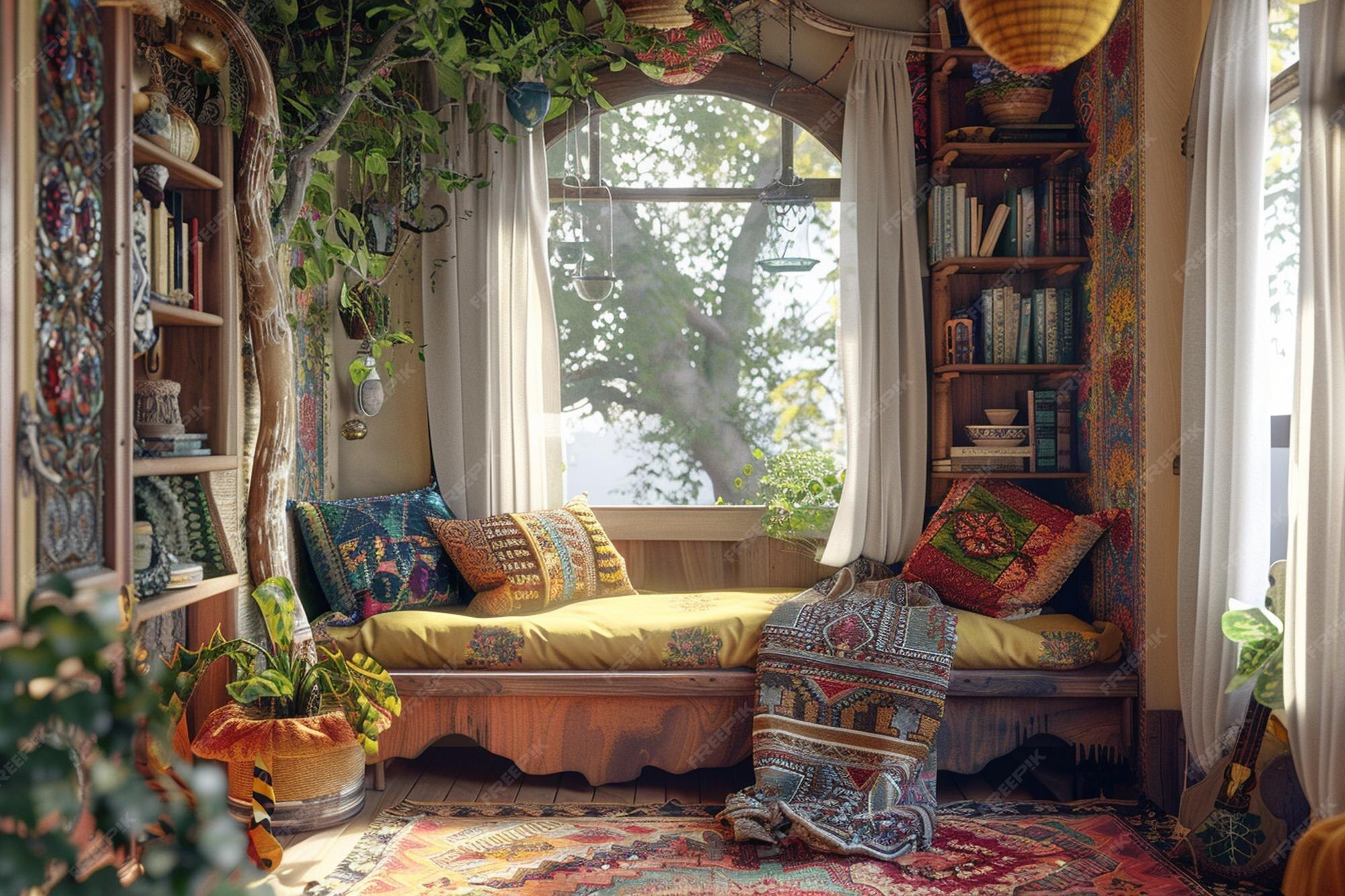 Cozy window seat with colorful embroidered cushions, surrounded by plants and bookshelves, in a sunlit room with white curtains and a large window showing a tree outside.