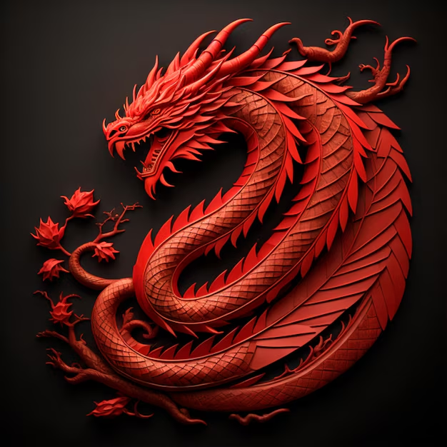 Red dragon sculpture with sharp scales and an open mouth, coiled around a tree with red leaves, set against a black background.