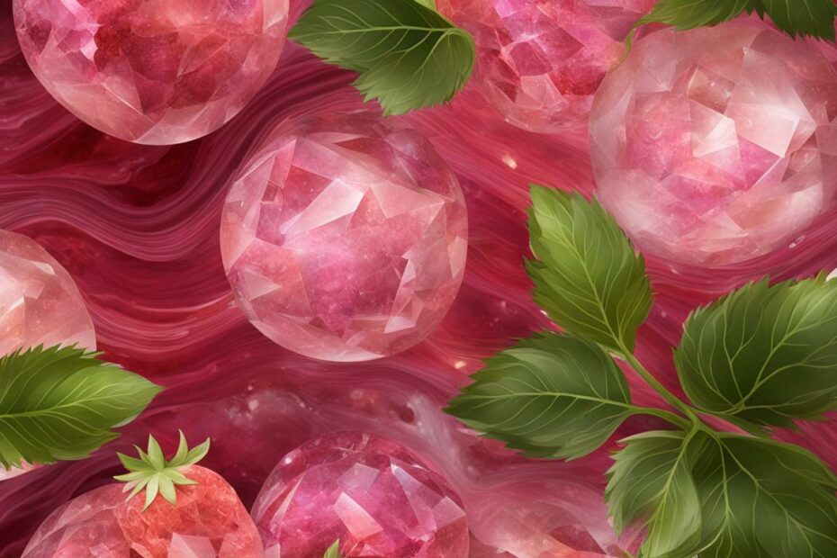 Pink gemstone spheres and green leaves on a swirling pink background.