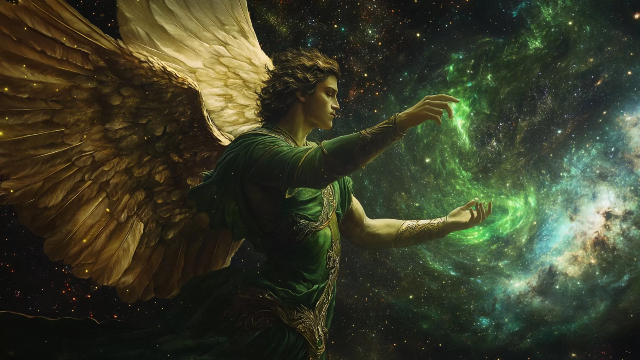 A fantasy illustration of a winged humanoid figure with golden wings, wearing green clothing, reaching out while creating a green energy vortex in space with stars and nebulae background.