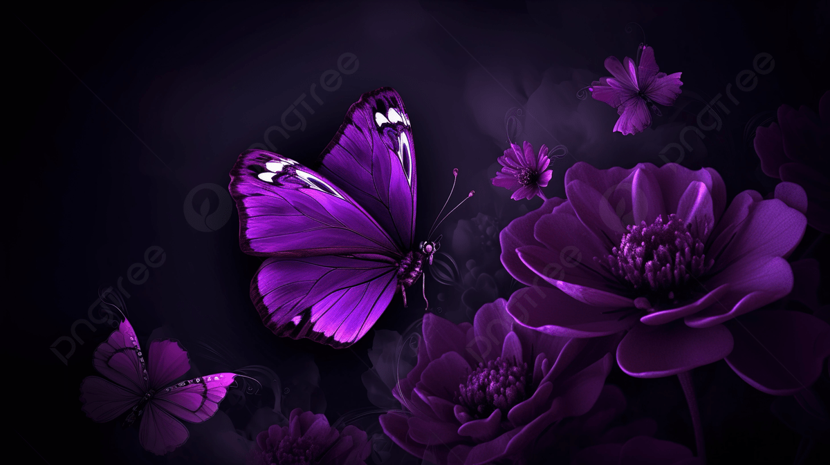 Vivid purple butterflies flying around large purple flowers against a dark background.