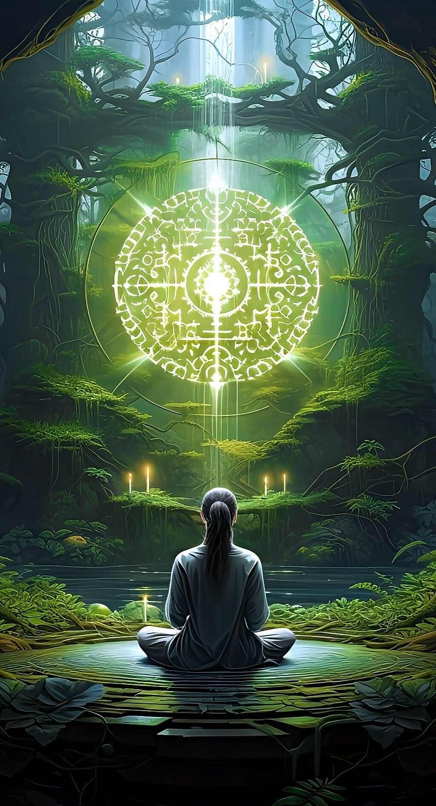 A person with long black hair tied in a ponytail, sitting cross-legged in a lush green forest, facing a large glowing mystical symbol suspended in the air, with trees, vines, and moss surrounding them and candlelight illuminating the scene.