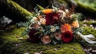 A colorful bouquet of flowers resting on a mossy log outdoors.