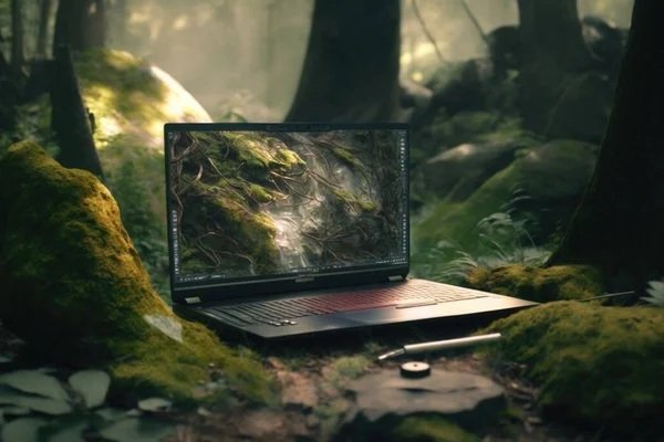A laptop on a moss-covered rock in a forest environment, displaying a nature scene on the screen.