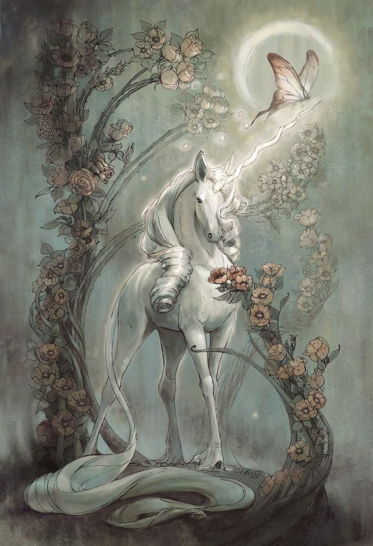 A fantasy illustration of a white unicorn with a curled horn, surrounded by blooming roses and vines, with a glowing moon and a butterfly nearby.