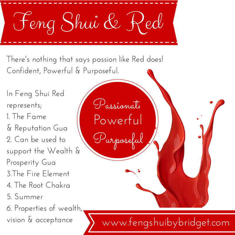Red and white Feng Shui and Chinese New Year poster featuring red paint splash and text describing the significance of the color red in feng shui and its association with passion, power, and purpose, along with a website URL.