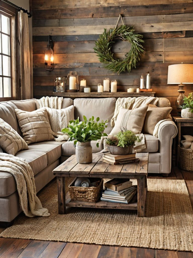 Cozy living room with beige sectional sofa, wooden coffee table, and rustic wood-paneled wall decorated with candles and a wreath. Lush green plants on the table and a window with curtains.