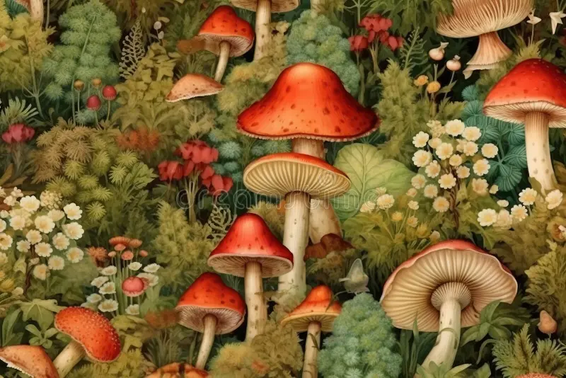 Illustration of various mushrooms of different sizes and colors, surrounded by green foliage, flowers, and plants.
