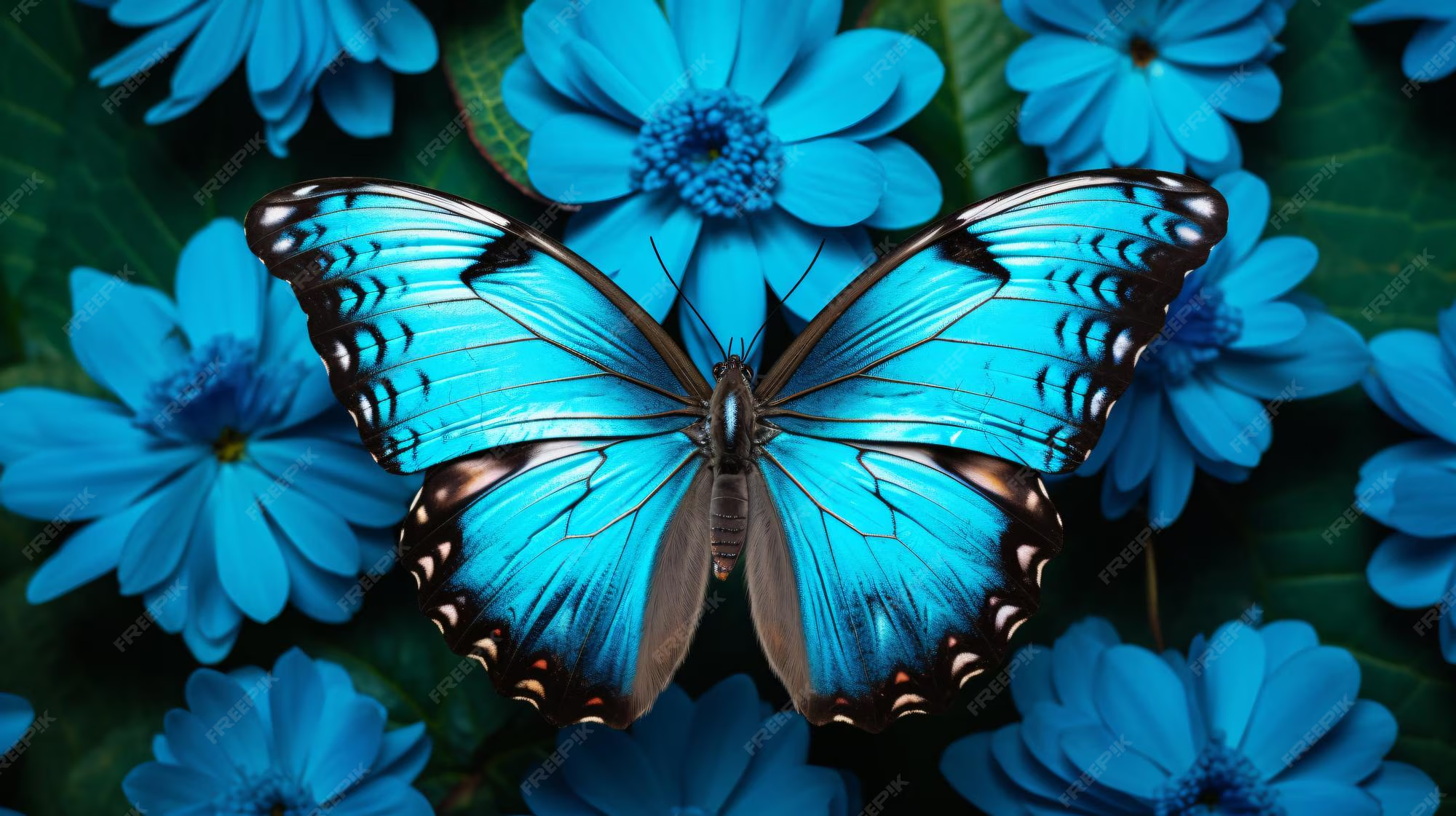 A vibrant blue butterfly with black and white markings resting on blue flowers with green leaves in the background.