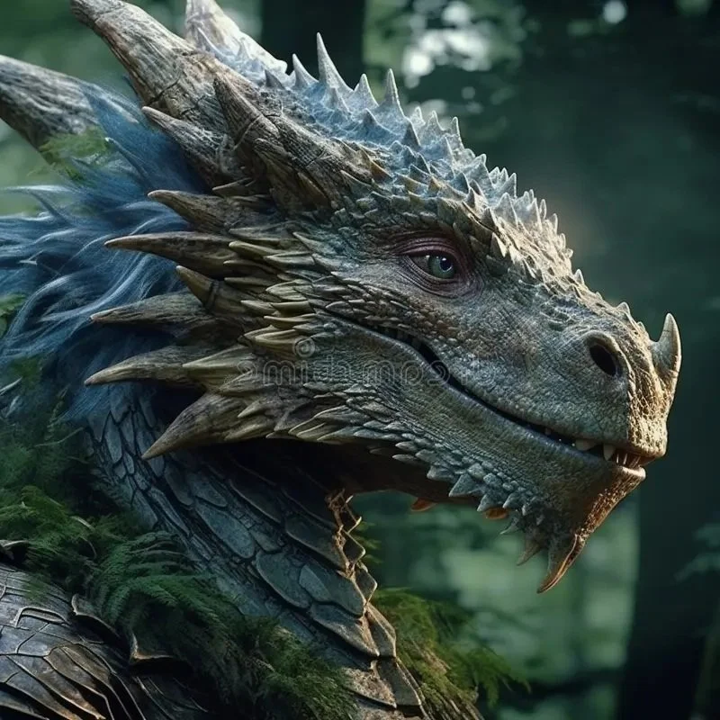 Close-up of a detailed, realistic fantasy dragon with scales, spikes, and green eyes, set against a lush forest background.