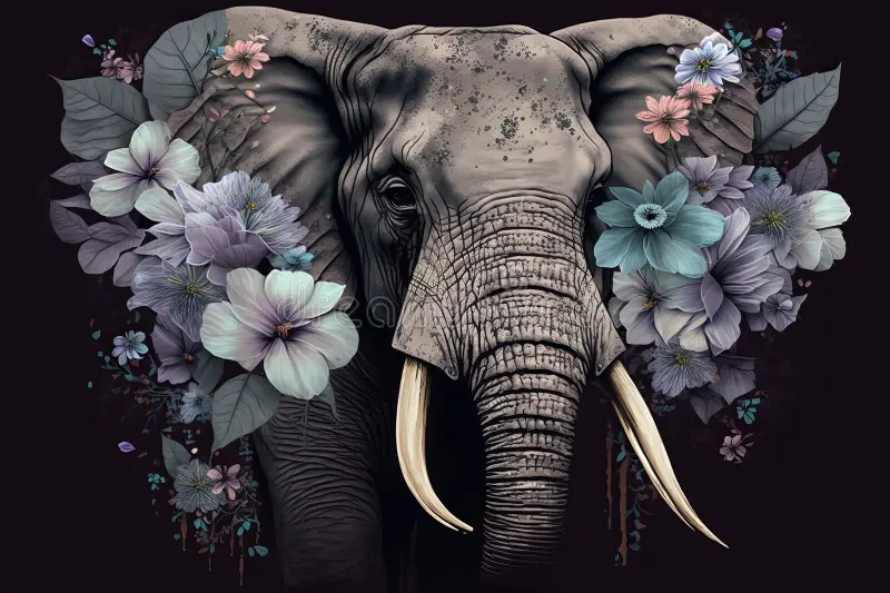 A realistic illustration of an elephant with detailed features, surrounded by pastel-colored flowers and leaves against a dark background.