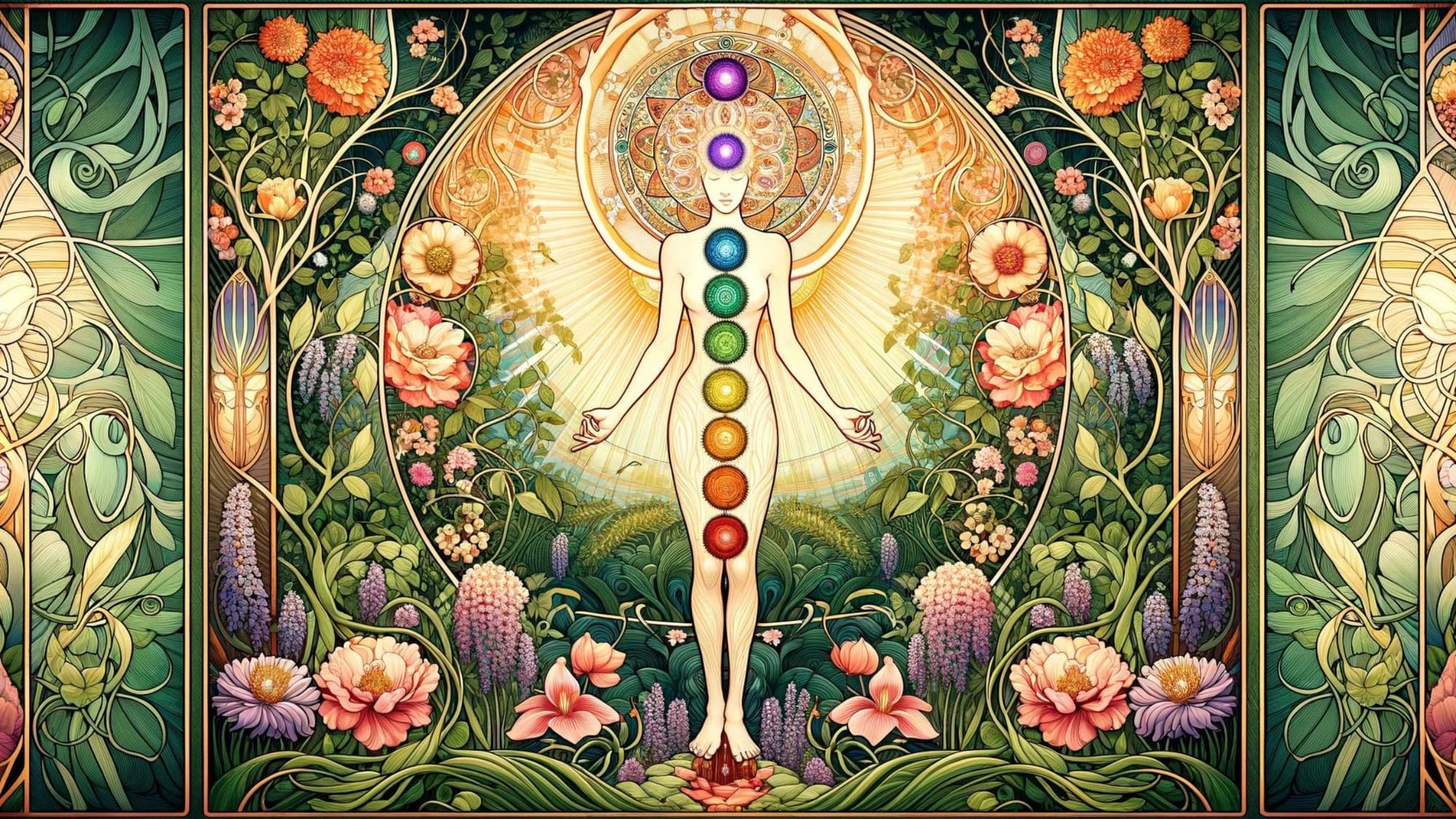 A spiritual illustration of a nude woman with seven colored chakras aligned along her body, surrounded by vibrant flowers and lush green foliage, with a radiant, circular halo behind her head.