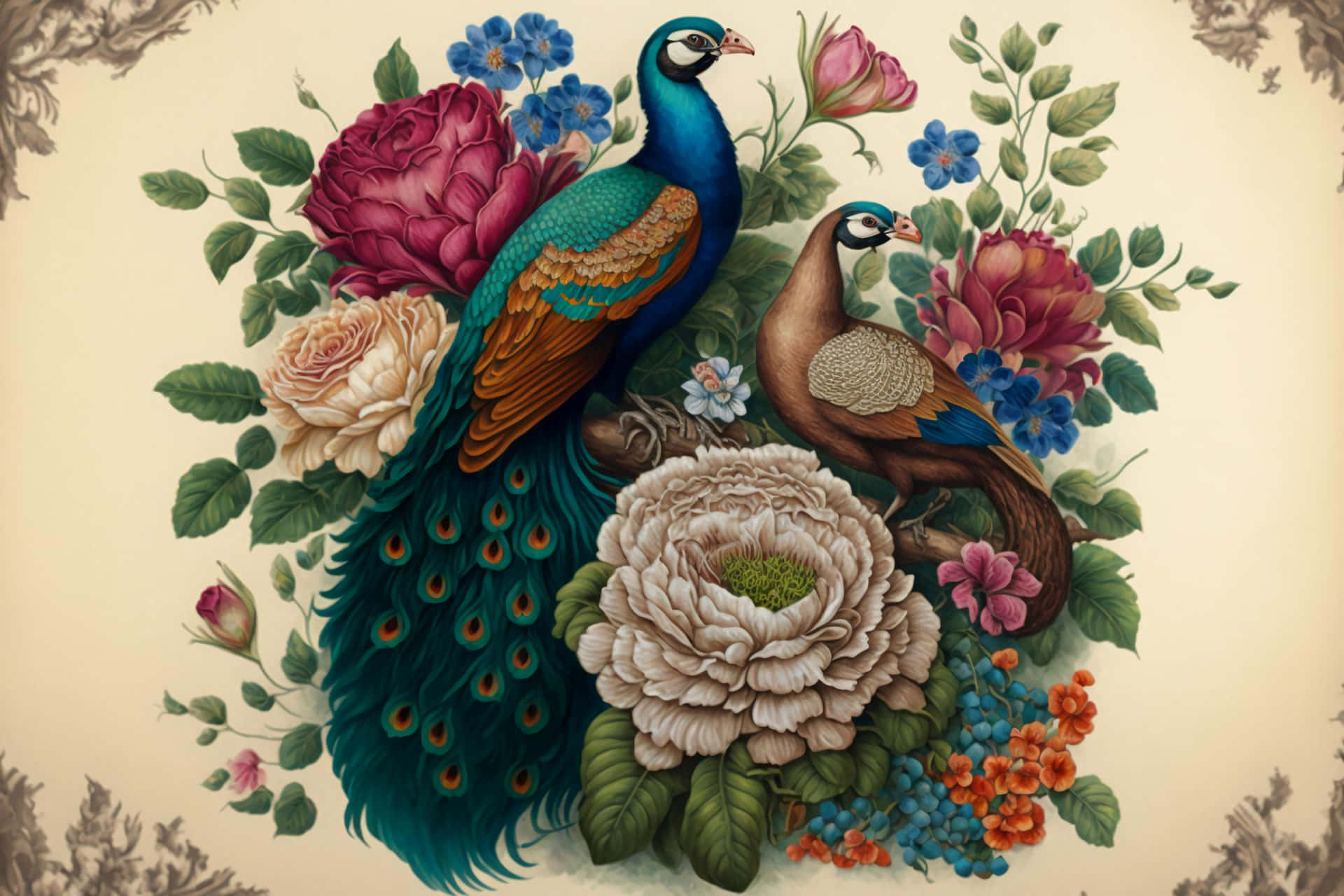 Colorful painting of two peacocks among flowers, including peony, roses, and blue flowers, with detailed leaves and a light background.