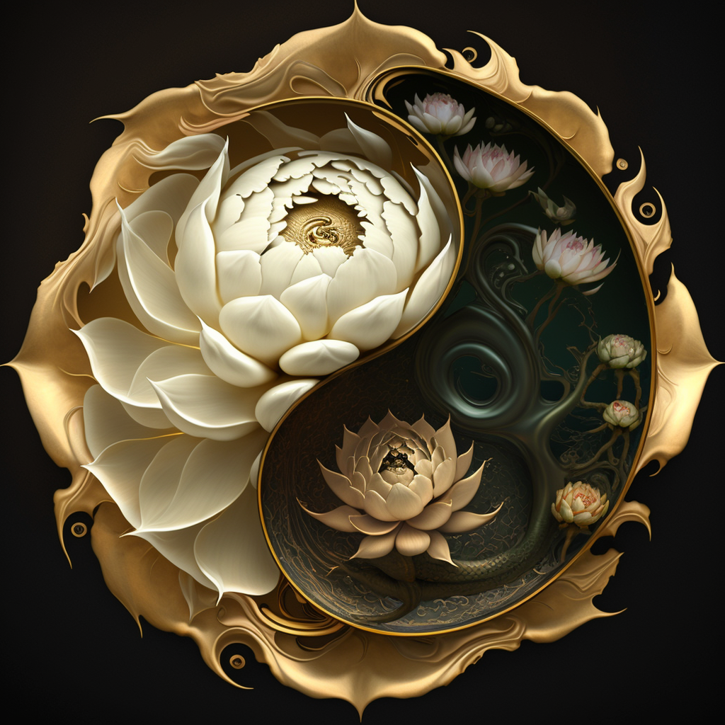 A digitally rendered yin-yang symbol with gold, white, and black colors featuring lotus flowers, a snake, and swirling patterns.
