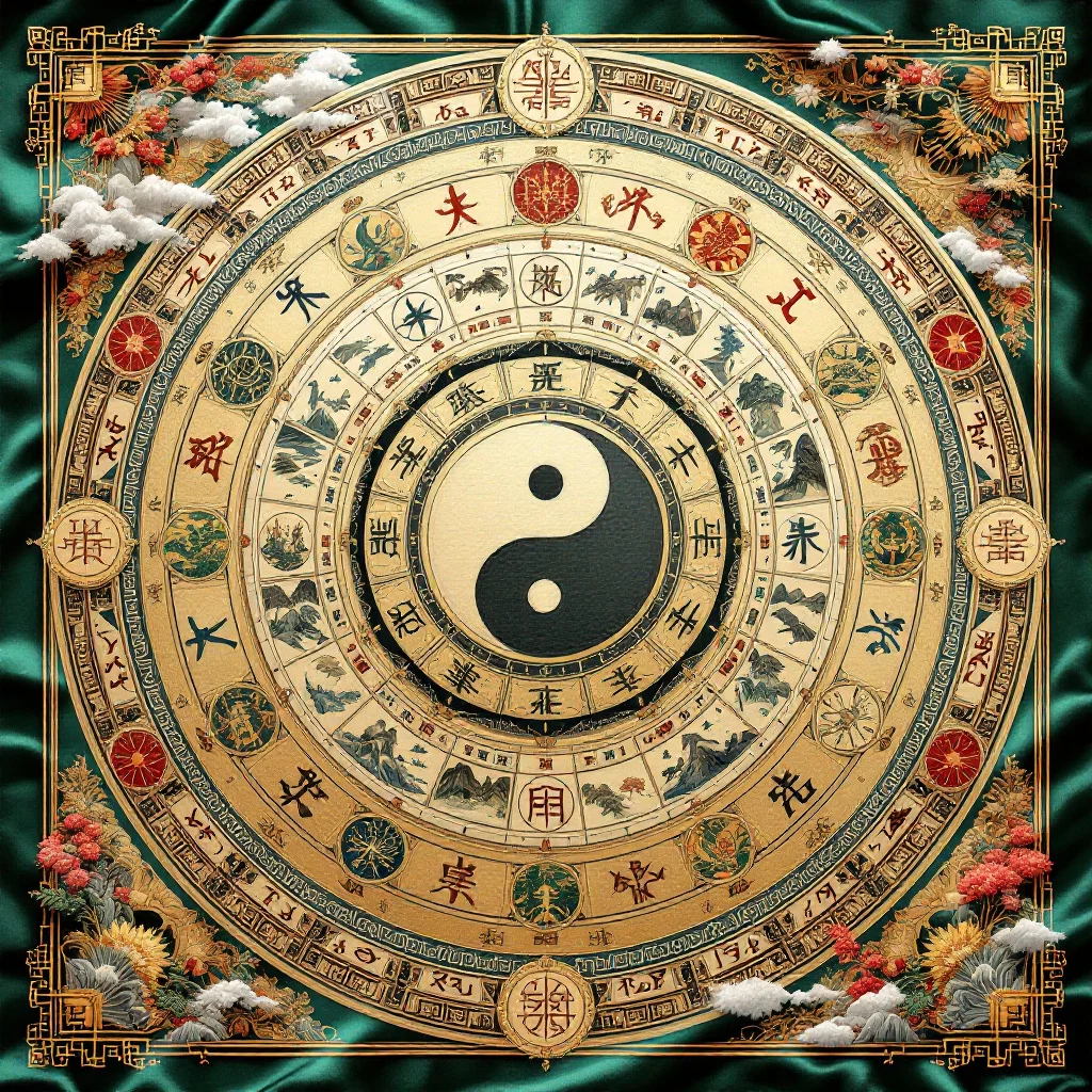 Decorative Chinese astrology chart with a central yin-yang symbol, surrounded by rings of Chinese zodiac signs, traditional symbols, and clouds, on a green silk background.