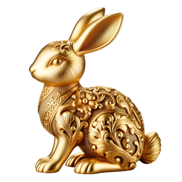 Golden rabbit figurine with intricate floral details.