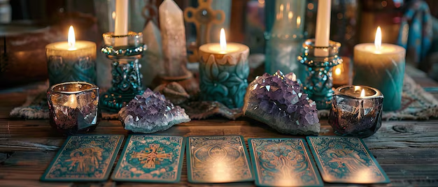 Candles, crystals, and tarot cards arranged on a wooden table.