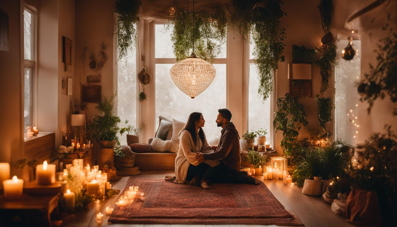 A couple sitting on a patterned rug in a cozy, softly lit room with candles, plants, and large windows in the background, holding hands and looking at each other.