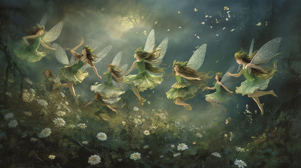 Seven fairies with flower crowns and green dresses flying through a mystical, forested landscape filled with white daisies.