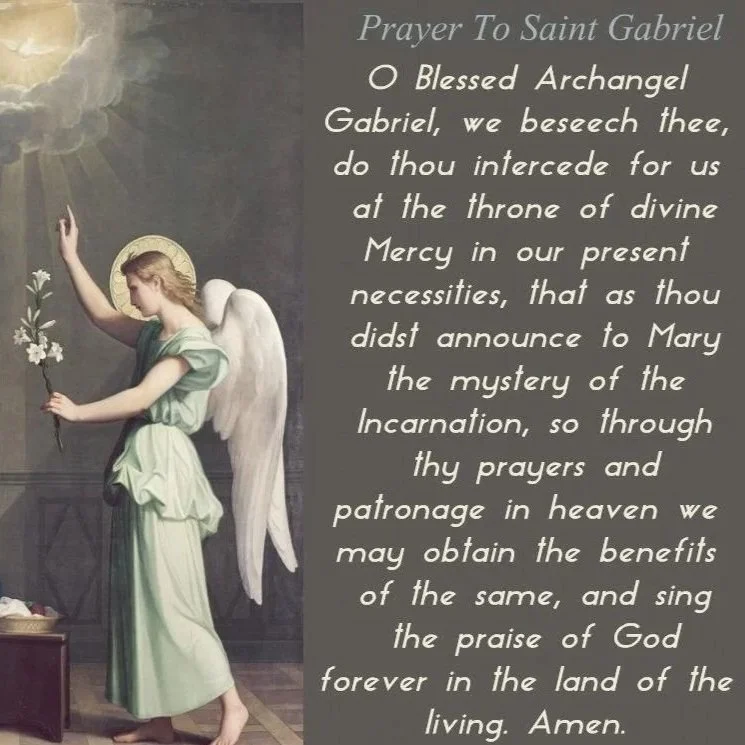 Artwork of an angel with white wings, holding a lily flower, with a halo around her head, and a prayer text to Saint Gabriel on the right side.