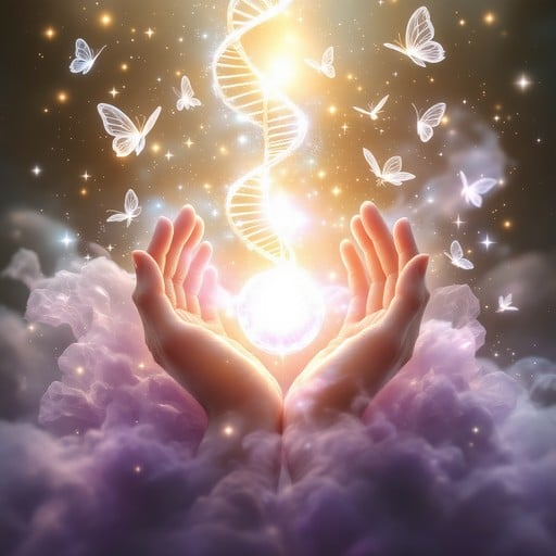 Two hands raised above clouds with a glowing DNA strand, butterflies, and sparkling lights in a surreal, magical scene.