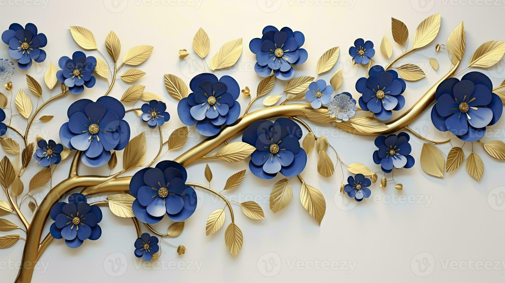 Decorative wall art of blue flowers with golden leaves and stems on a white background.