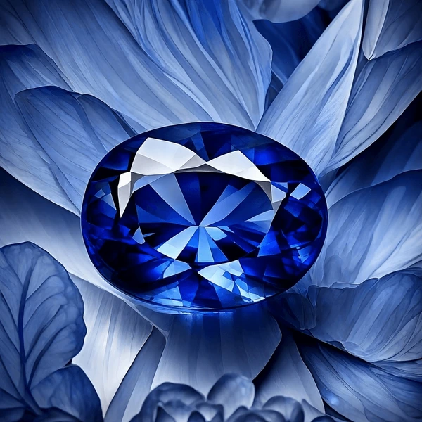 A large, oval-shaped, deep blue gemstone centered on light blue and white flower petals.