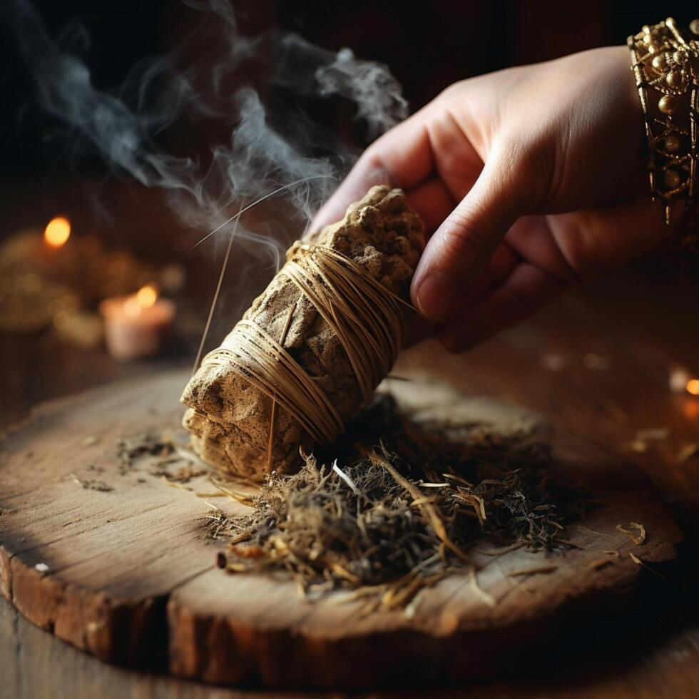 A hand holding a bundle of sage and igniting it over a wooden surface, with smoke rising, surrounded by candles and dried herbs.
