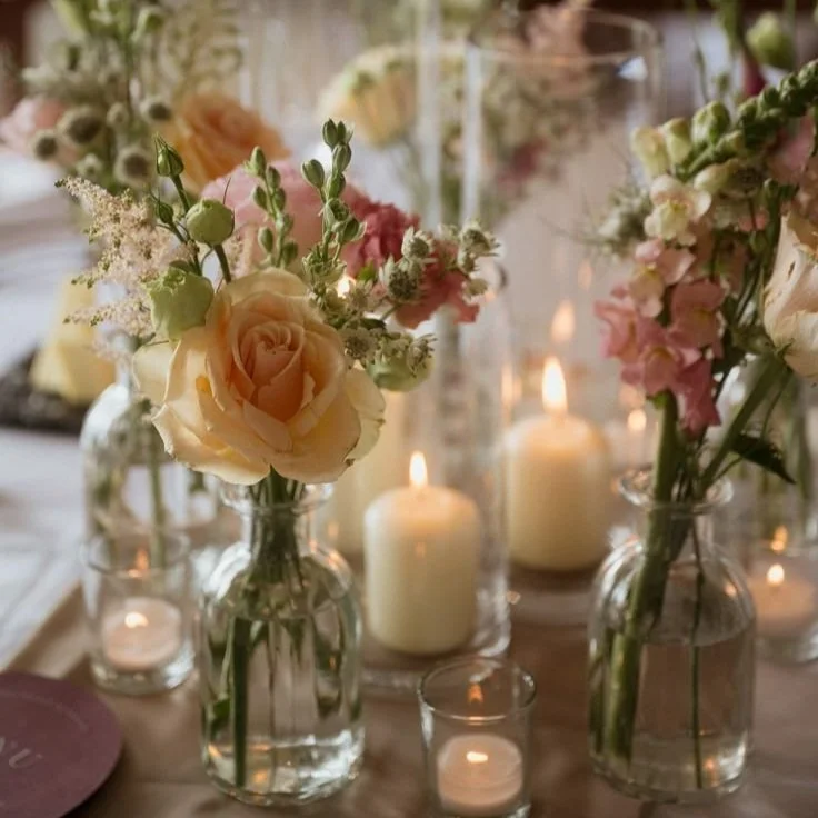 Vases with pink, white, and cream flowers on a table, lit candles in glass holders, and a soft, warm decorative setting.
