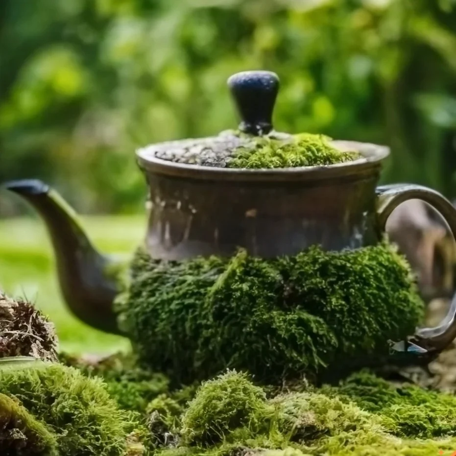 A vintage black teapot covered with green moss in a lush outdoor setting.