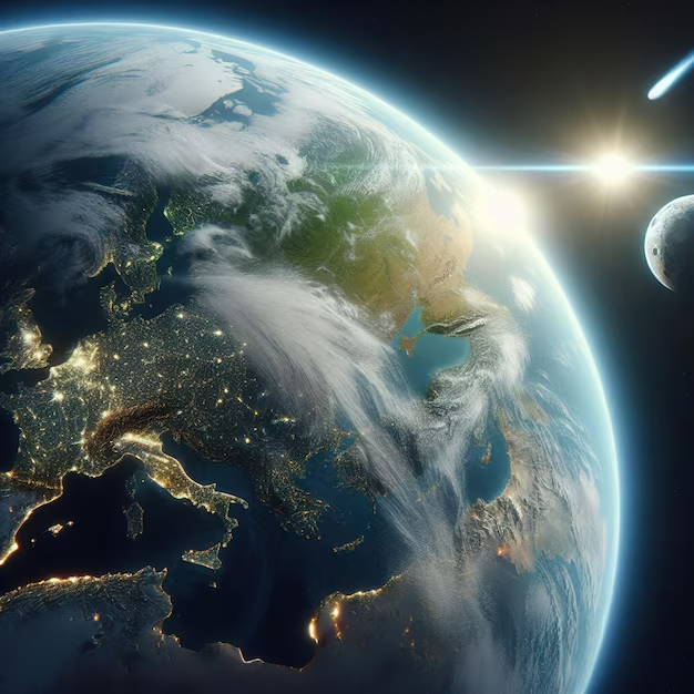 View of Earth from space showing Europe, parts of Asia and Africa, with the Sun shining in the background and a nearby moon.