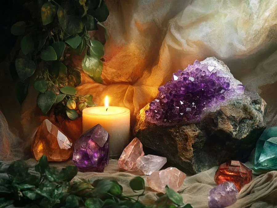 A lit white candle surrounded by various colorful crystals, rocks, and green leaves, with a fabric backdrop.