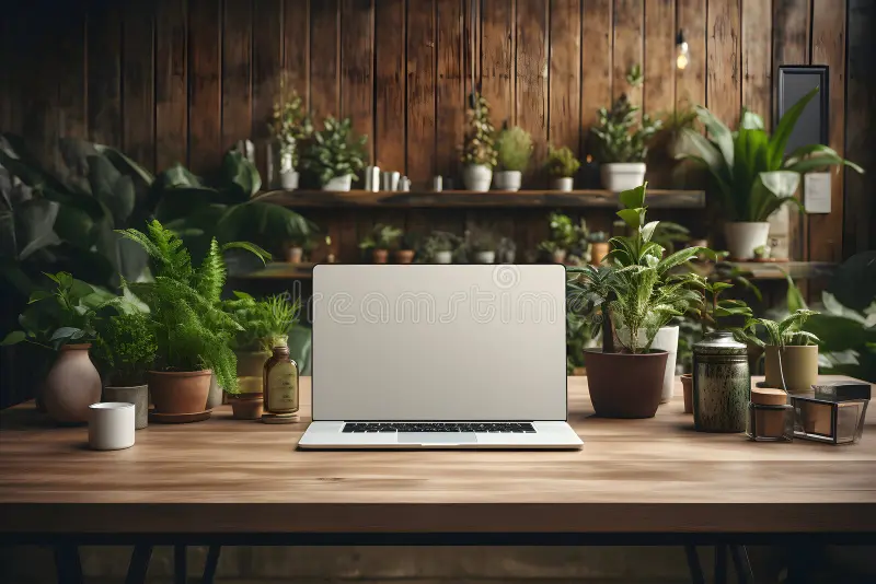 A wooden desk surrounded by potted green plants with a silver laptop in the center and a wooden wall in the background.