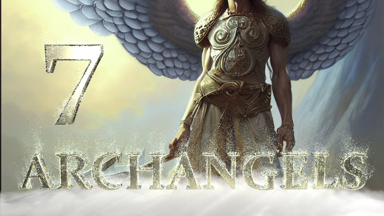 Fantasy artwork of a winged humanoid figure dressed in ornate armor, with large white feathers wing spans, standing in a bright environment with the title '7 Archangels' written in sparkling text.