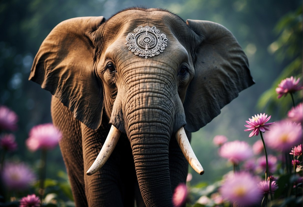 An elephant with a decorative face ornament standing among pink flowers in a natural environment.