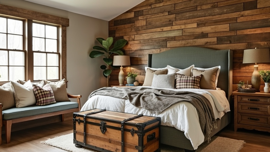 Cozy bedroom with a large bed, wooden headboard, plaid and neutral pillows, and a gray blanket. A wooden trunk sits at the foot of the bed. To the left, a window seat with pillows. Nightstands with lamps, a plant, and decorative items on each side of the bed. Wood-paneled wall behind the bed and a large window letting in natural light.