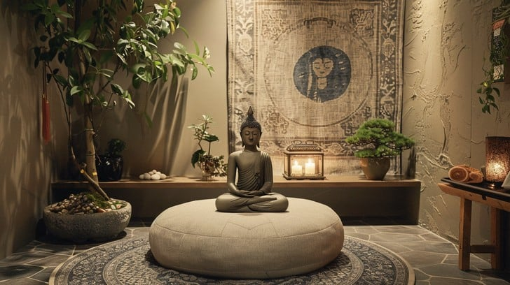 A Buddha statue sitting cross-legged on a cushion in a meditation pose in a peaceful room with plants, candles, and Asian art decor.
