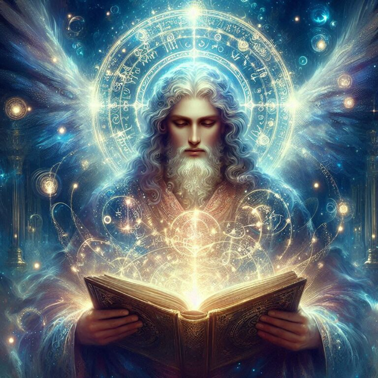 A mystical, divine figure with long hair and a beard reading an ornate book, surrounded by glowing symbols, cosmic light, and ethereal energy.