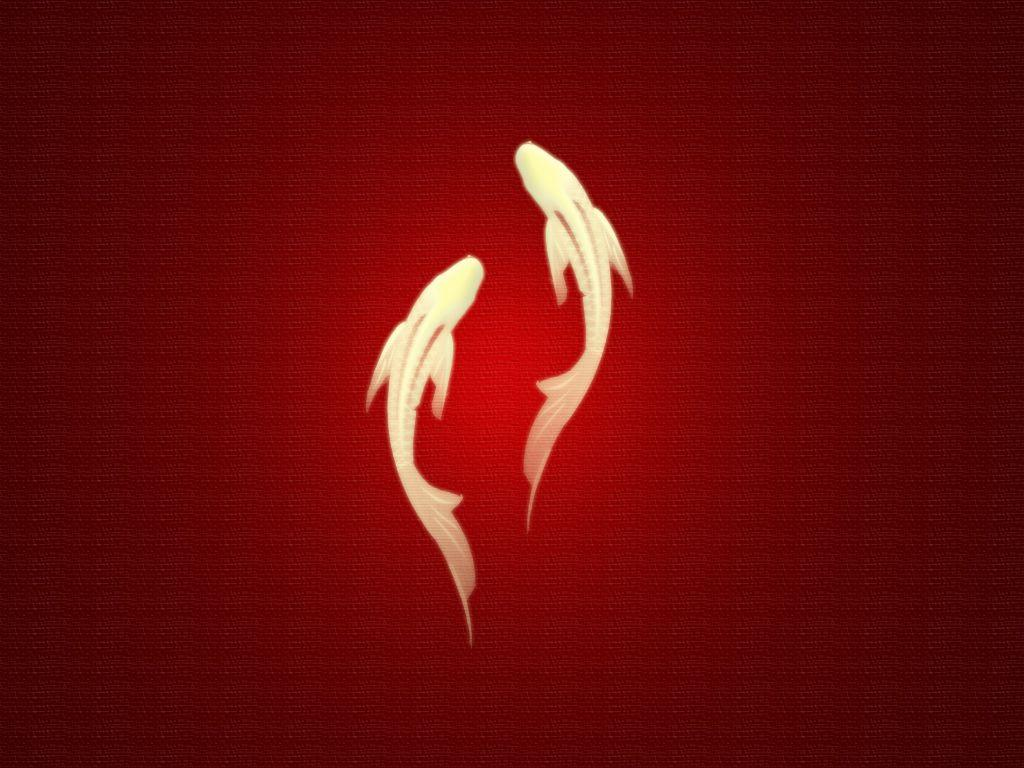 Two stylized fish swimming in a red background.