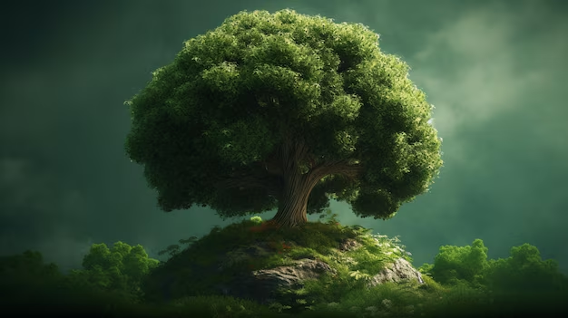 A large, lush green tree with a thick canopy standing on a small rocky hill.