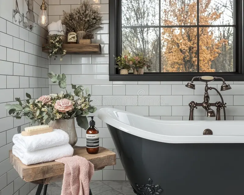 Bathroom with clawfoot tub, window showing autumn trees, wooden shelf with flowers, towels, soap, and bath brush.