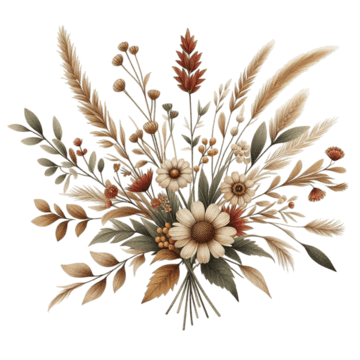 A bouquet of dried flowers and grasses in neutral tones with cream, beige, brown, and muted red colors.