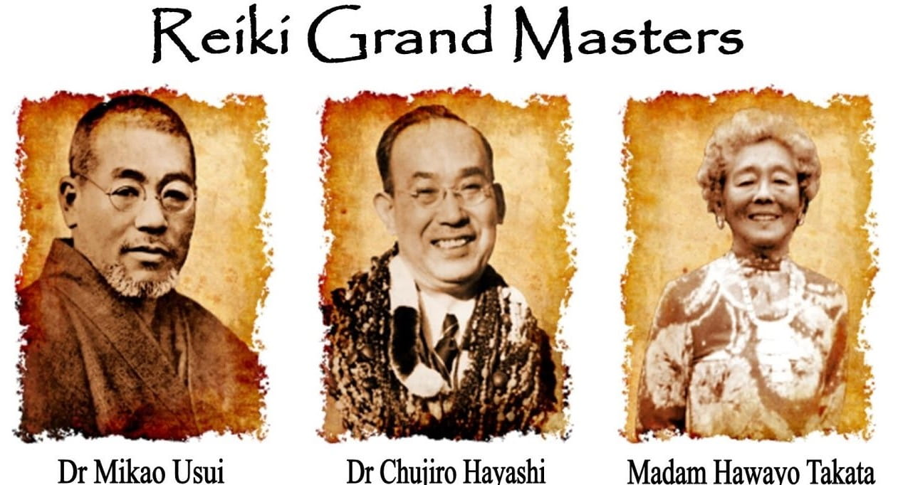 Three sepia-toned portraits of Reiki Grand Masters: Dr. Mikao Usui, Dr. Chujiro Hayashi, and Madam Hawayo Takata, with their names listed below each image.