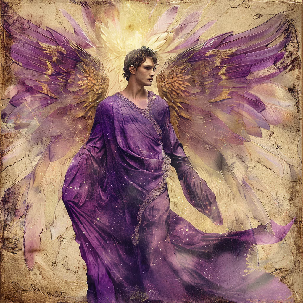 A digital artwork of an androgynous figure with purple wings and robes, with a glowing golden light behind them, set against a textured, abstract background.