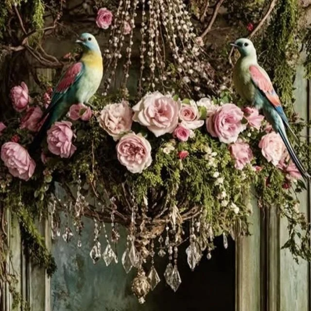 Two colorful artificial birds perched among pink roses and green foliage, with a chandelier hanging below.