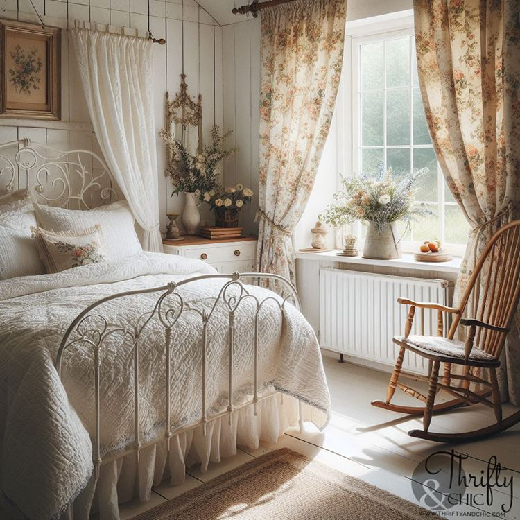 A cozy bedroom with a white metal bed, floral curtains, and a window with sunlight streaming in. Decor includes a wooden rocking chair, a vase with flowers on the windowsill, and a white nightstand with more flowers and decorative items.