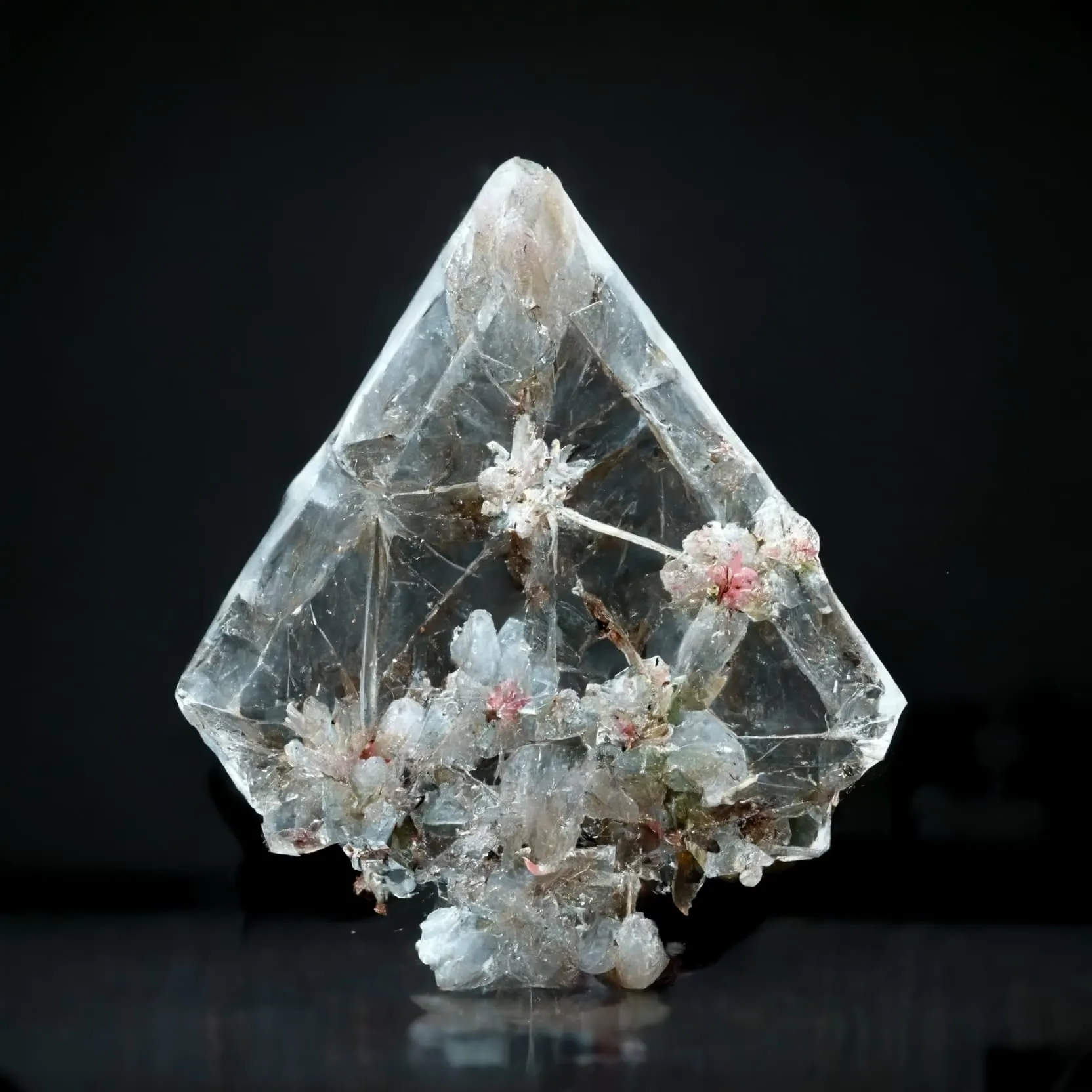 A clear quartz crystal with embedded pink and white mineral formations, set against a black background.