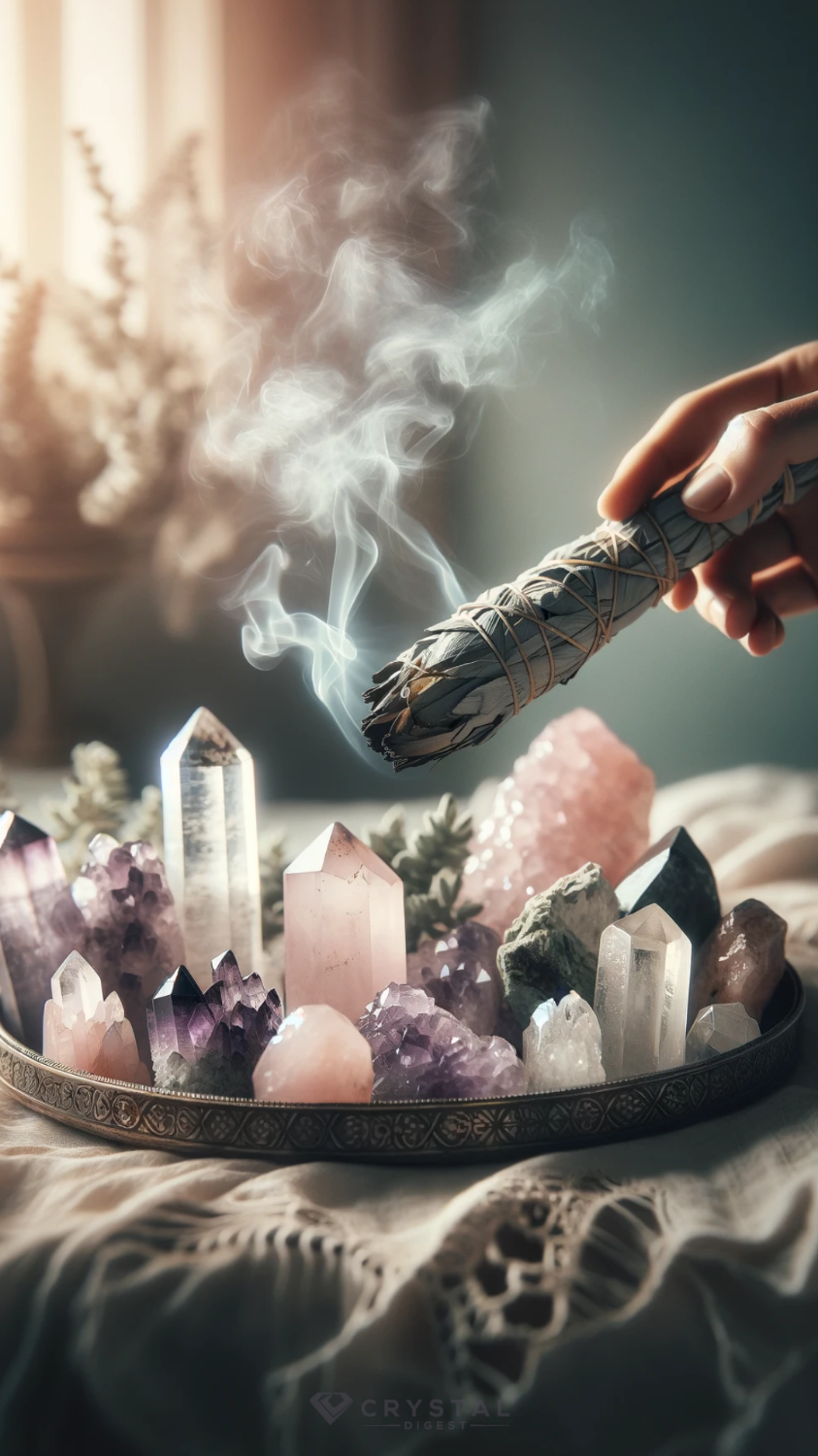 A hand holding a burning sage bundle releasing smoke over a tray of various crystals and stones, illuminated by soft natural light.